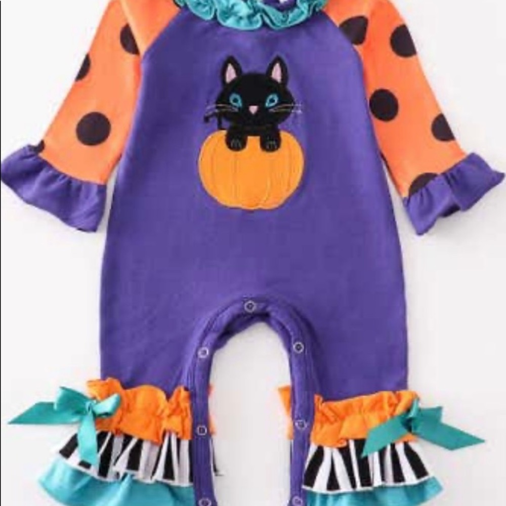 Halloween Cat Appliqué Ruffle Romper